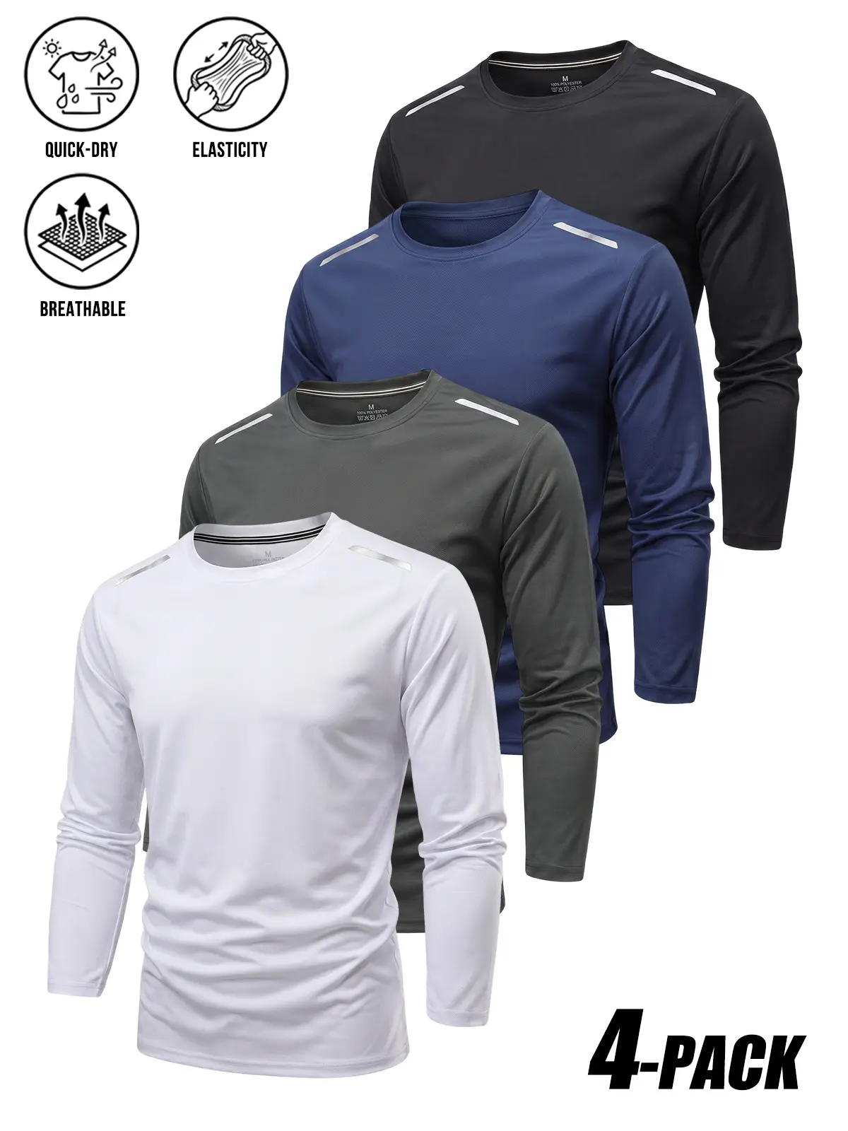 4-PACK Men Crew Neck Solid Reflective Strip Long Sleeve Training Shirts, Skin-Friendly Moisture Wicking Quick Dry Mesh Fabric, Minimal Urban Clean Fit Fashion Performance Tops For Fitness Daily Occasions Multipack