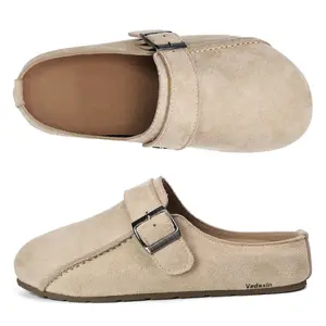 Women's Trendy Suede Mule Shoes Closed Toe Slides with Buckle Strap Comfortable Casual Flats Indoor Outdoor Shoes