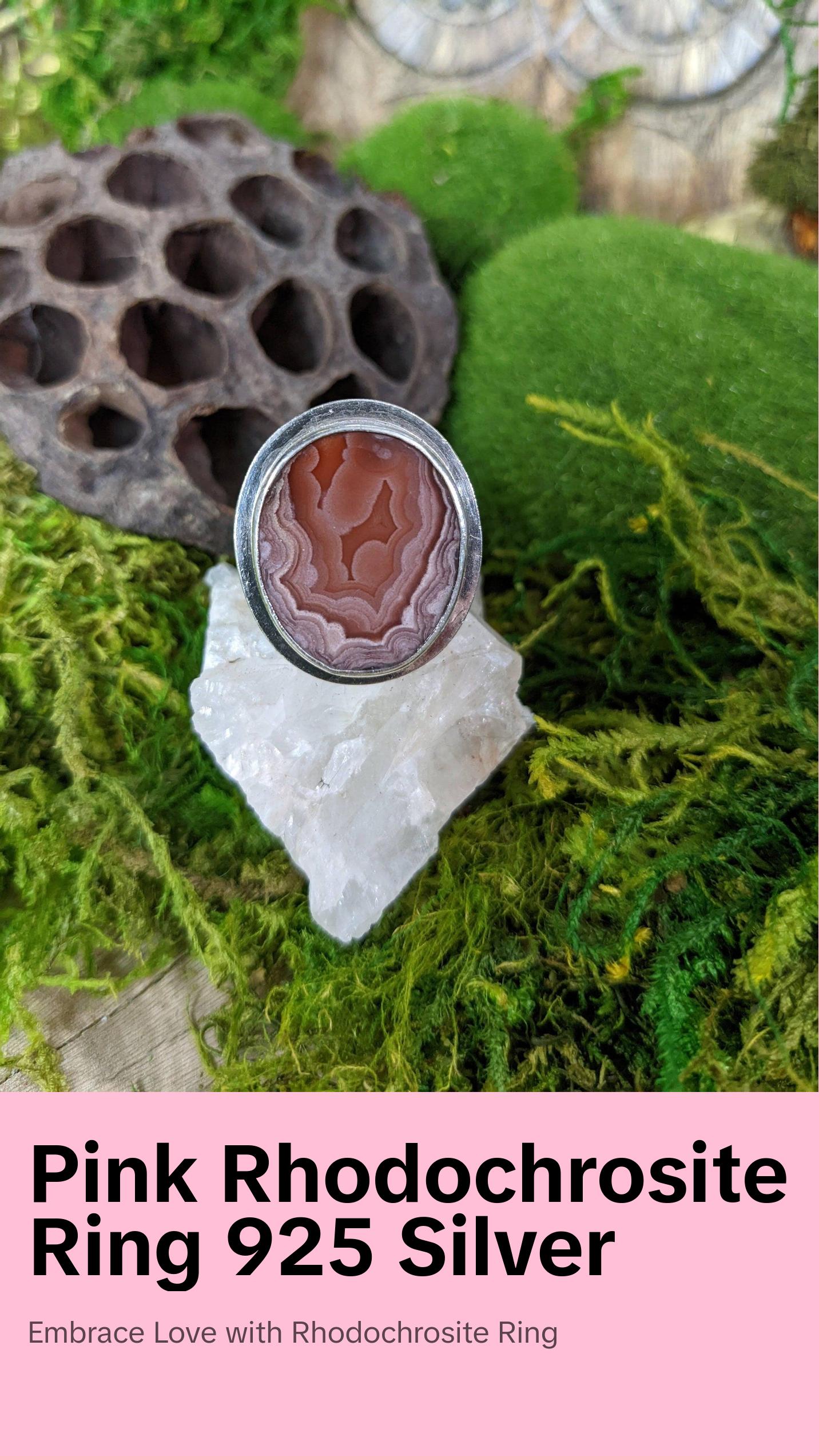 Beautiful Pink Gemmy Rhodochrosite Ring 925 Sterling Silver Size 8 High Quality Gemstone Jewelry Healing Crystals Natural Mineral Specimen