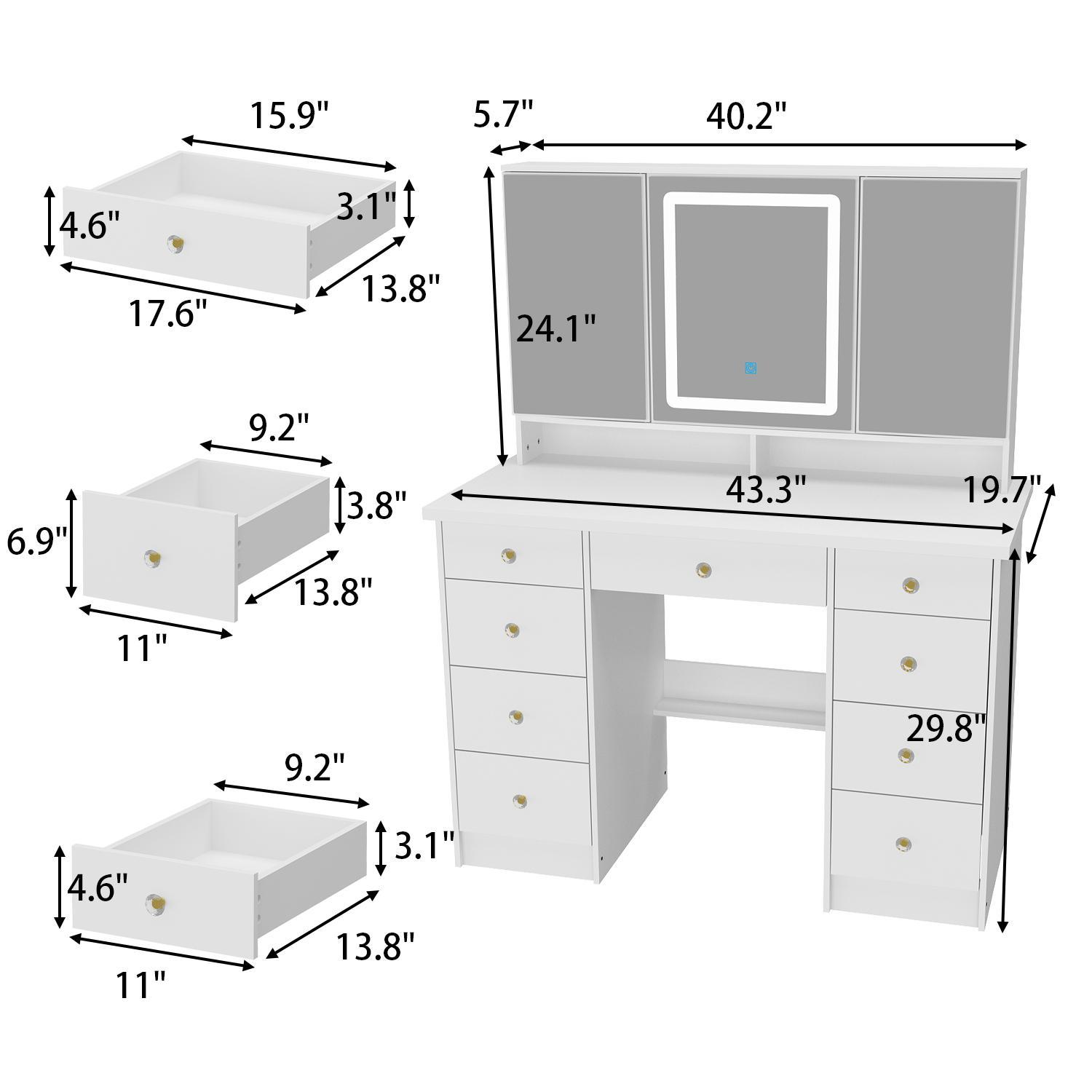 43.3"W Vanity Desk With 9 Drawers, Makeup Desk With 3-Mirror And Touch Screen Light, Dressing Makeup Table For Bedroom 43.3"W Vanity Desk With 9 Drawers, Makeup Desk With 3-Mirror And Touch Screen Light, Dressing Makeup Table For Bedroom