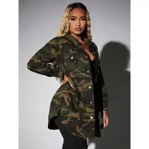 Women's Spring/Autumn Camouflage Printed Cargo Pocket Long Sleeve Casual Denim Jacket Cotton Fabric