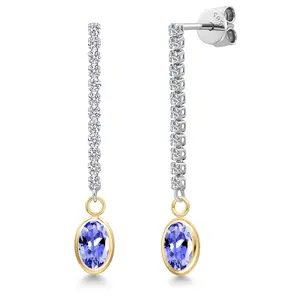 Gem Stone King 14K Two Tone Gold Blue Tanzanite and Lab Grown Diamond Dangle Earrings for Women | 1.86 Cttw | Gemstone December Birthstone | Oval 7X5MM