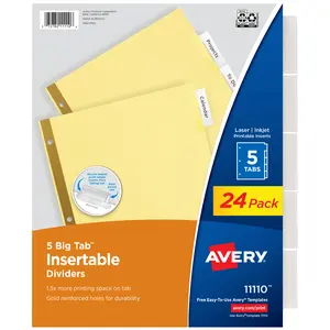 Avery Big Tab Insertable Dividers for 3 Ring Binder, 5-Tab Sets, Clear Tabs, Buff Paper with Gold-Reinforced Buff Paper, 24 Sets (11113)