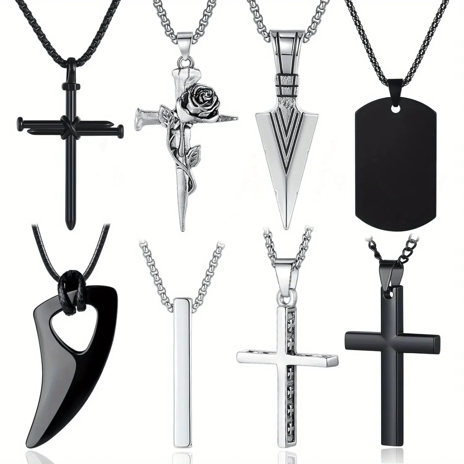 Men's Accessories 8-Pcs Stainless Steel Necklace Set Pack, Unscented Black & Silver Pendant Chains for Daily Wear
