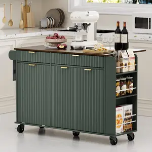 AHB Kitchen Island with Hidden Trash Storage and Drop-Leaf Countertop, 47" Rolling Kitchen Cart with Wavy Door, Spice Rack, Drawers and Locking Wheels, Mobile Island Table for Small Kitchen