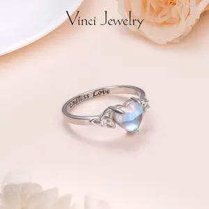 925 Heart Synthetic Moonstone Celtic Ring with 'Endless Love' Engraving, Elegant and Romantic Moon Knot Ring Women's Jewelry for Lover, Perfect Gift for Girls, Engagement Wedding Ring, for Daily Wear and Party, Christmas Gift