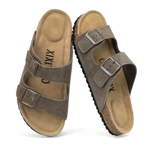 xixitiao Women's Breathable Open Toe Sandals, Soft Cork Footbed, Adjustable Double Buckles, Slip-On, Leather-Mimic Look, EVA Sole, Vegan Suede, Outdoor Beach Summer Casual Shoes