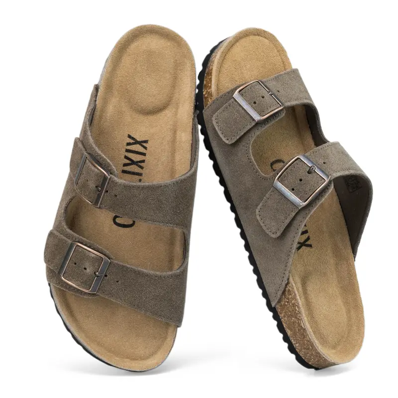 xixitiao Women's Breathable Open Toe Sandals, Soft Cork Footbed, Adjustable Double Buckles, Slip-On, Leather-Mimic Look, EVA Sole, Vegan Suede, Outdoor Beach Summer Casual Shoes