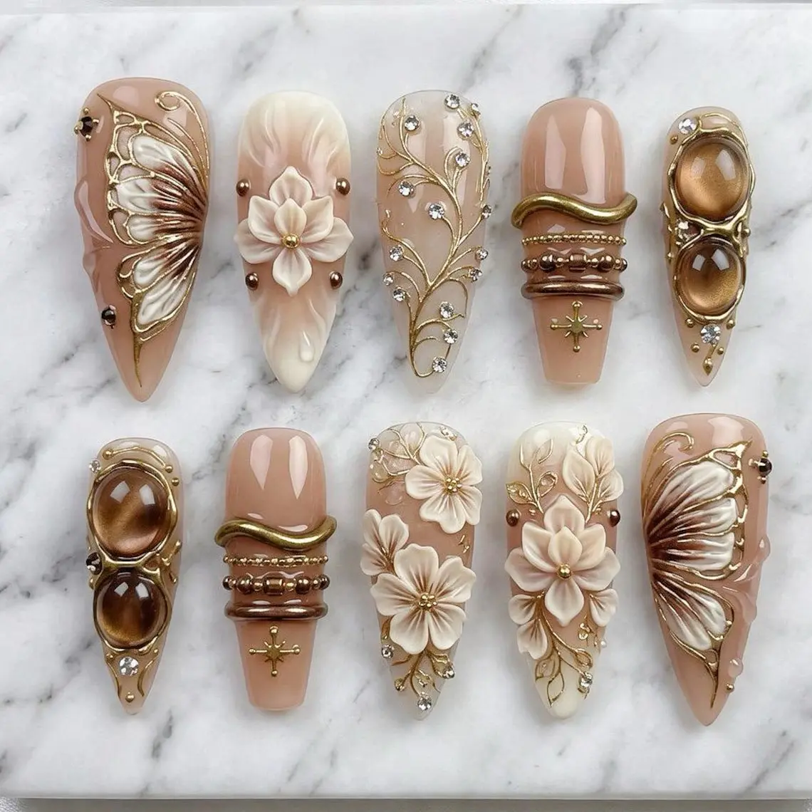 [New Model] Collection 10 PCS Handmade Press on Nails, Flower Press On Nails, Leopard Print Y2K Nails, Cute Summer Medium Stiletto Fake Nails, Glossy Handmade Nail Set, Y2K 3D Gel Nails, Trending Nail 2026