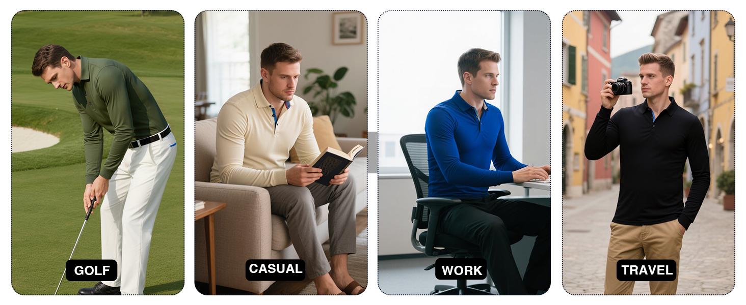 ZITY Long Sleeve Polo Shirts for Men 3 Pack Collared Performance Golf Polos Mens Casual Shirts Moisture Wicking Workwear