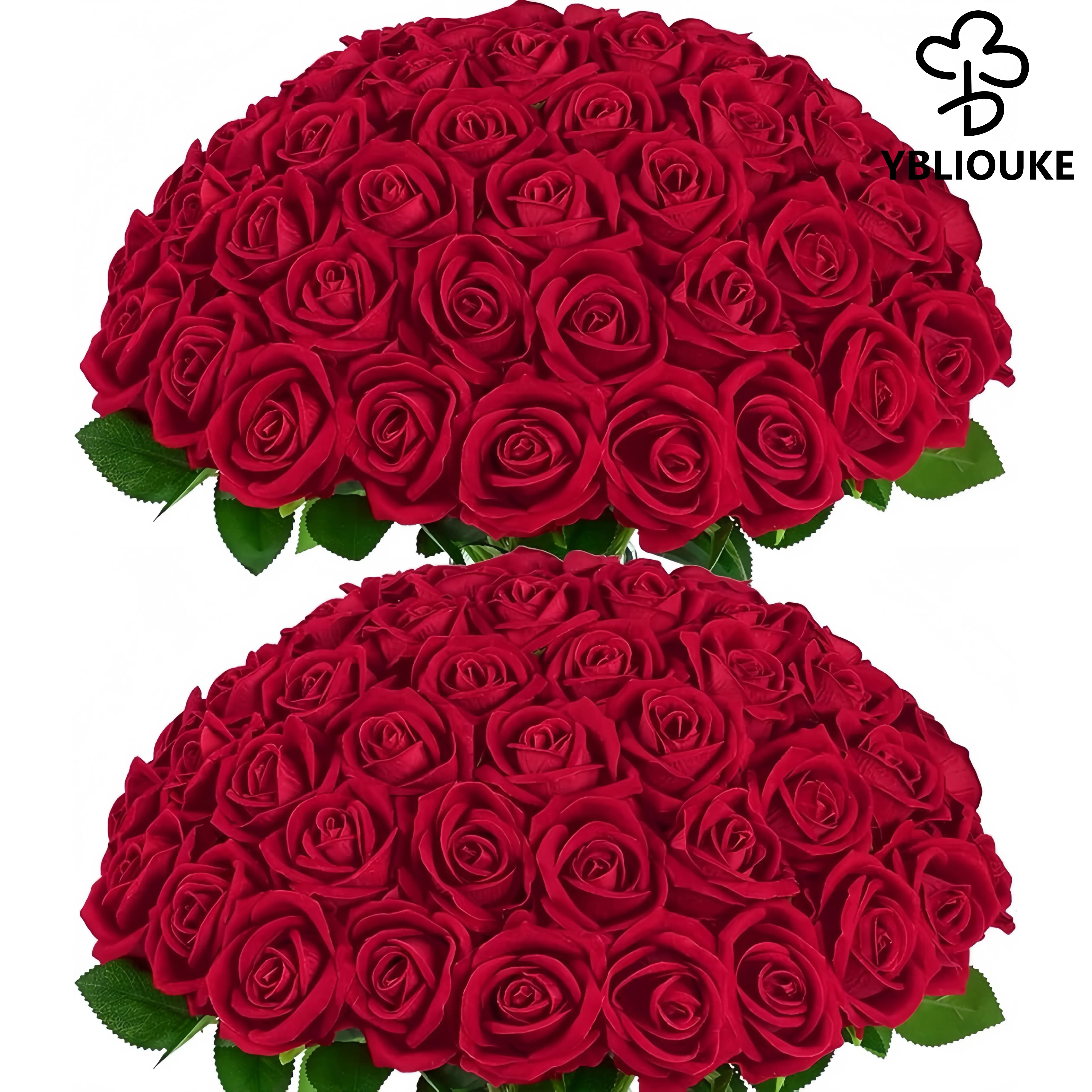 YBLIOUKE 50/100 Pcs High-Quality Silk & Plastic Red Artificial Flowers with Long Iron Stems, Leaves, Eternal Flower Bouquet for Valentine's Day, Wedding Decor, Vase Arrangement, Leaf