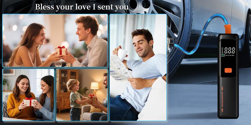 Kozzenwarm Electric Air Pump with Smart Pressure Control Portable Air Compressor One-Button Start Inflation Type-C Charging Port 4 Interchangeable Nozzles for Cars Motorcycles Bicycles Balls Compact Storage airpump