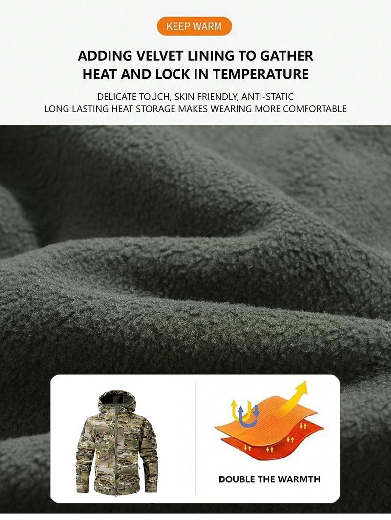 Men's Multi-Pocket Workwear Hooded Jacket, Fleece Waterproof Jacket, 9 Cl Menswear ose-Fitting Pockets Fleece Design. Menswear Coats Coats Tops Long Sleeve Operator Motocross Camo Camouflage Casual Navy Outdoorfun