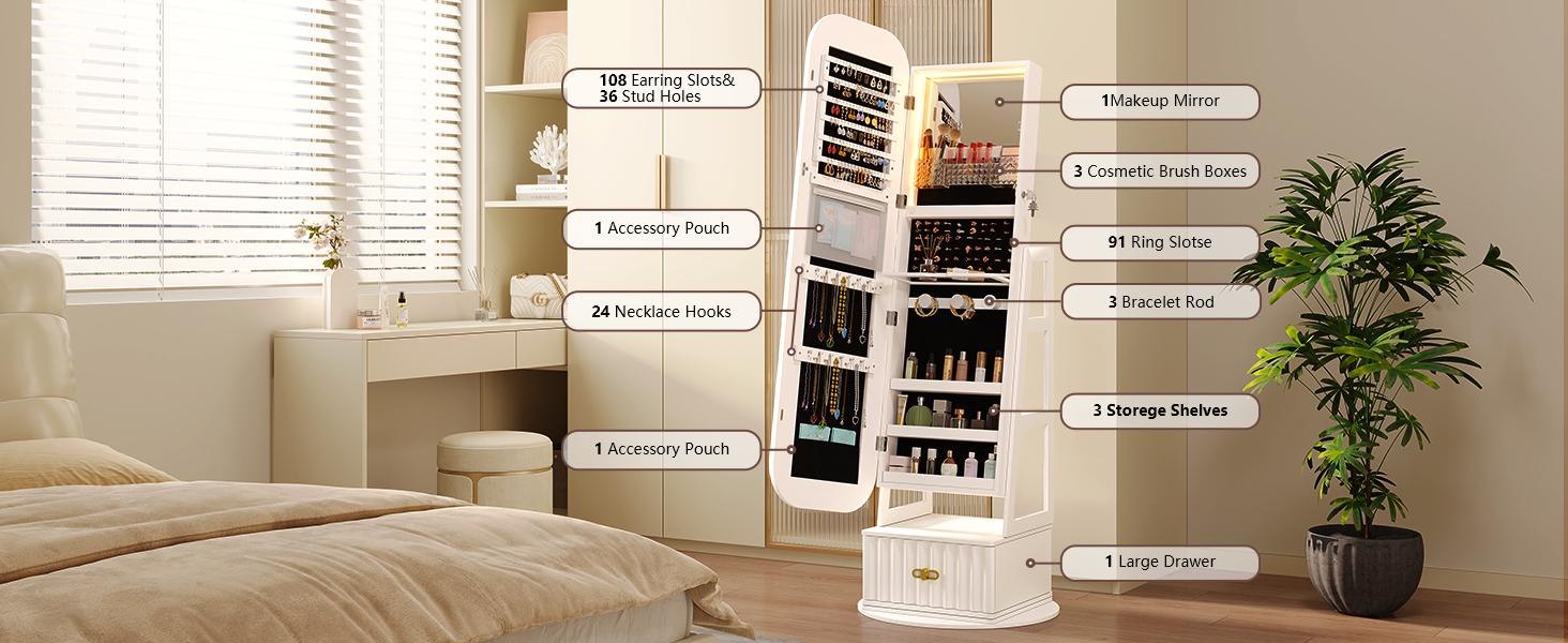Miuvanity 3-in-1 360 Swivel Jewelry Cabinet with LED Light，Lockable Jewelry Mirror Cabinet，Standing Jewelry Armoire，Frameless Full-Length Mirror，3 Storage Shelves Gift Idea Decor，Mirror with storage