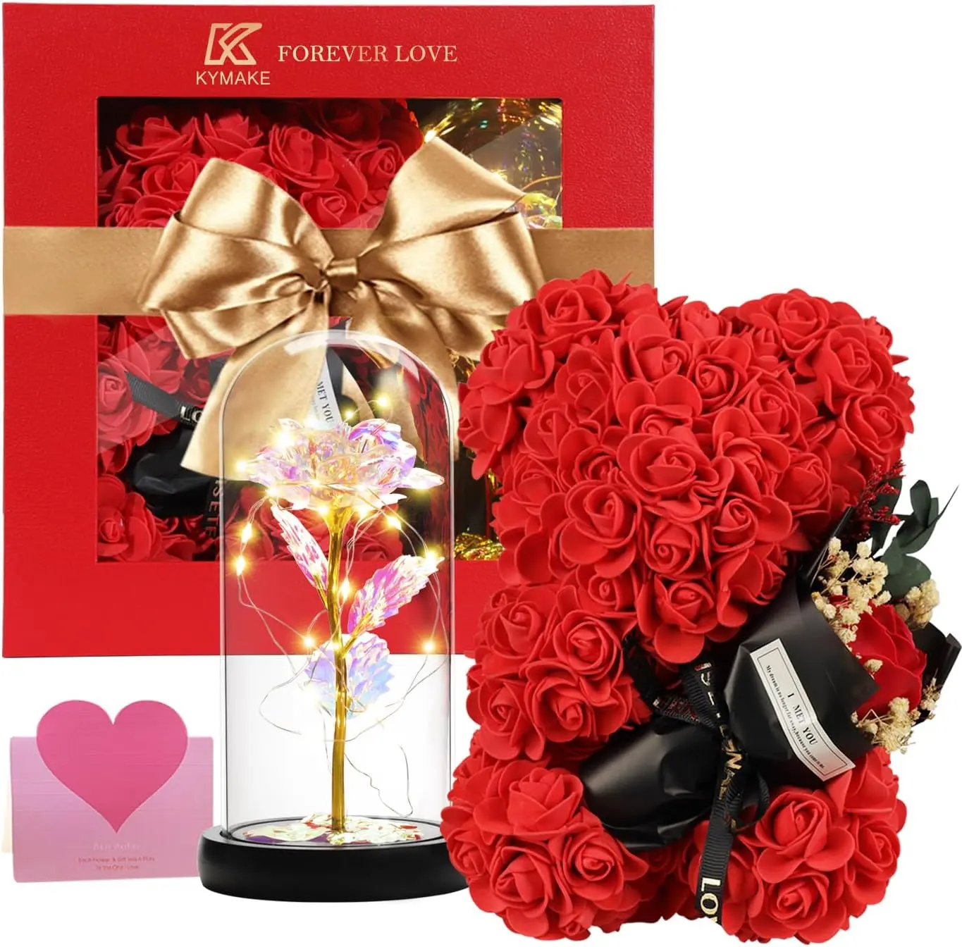 K KYMAKE 5-IN-1 Premium Galaxy Gift Set - Colorful Rose Bear, Beauty and the Beast-Inspired Light-Up Rainbow Roses, Decorative Boxes - Perfect for Daughter on Valentine’s Day, Anniversary