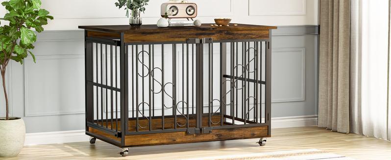 【TreasureFinds】COZPAW Dog Crate Furniture 48 Inch Wooden Dog Crates for Medium/Large Dogs, Three Doors, House Dog Cage with Lockable Wheels (Gray)