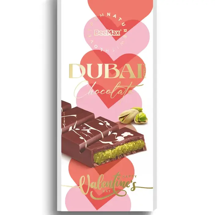 Valentine Dubai Chocolate 3.4oz Chocolate Bar with Sugar, Dessert Snack, Perfect for Enjoying Anytime Bonbon Cocoa Flavor Christmas Gift