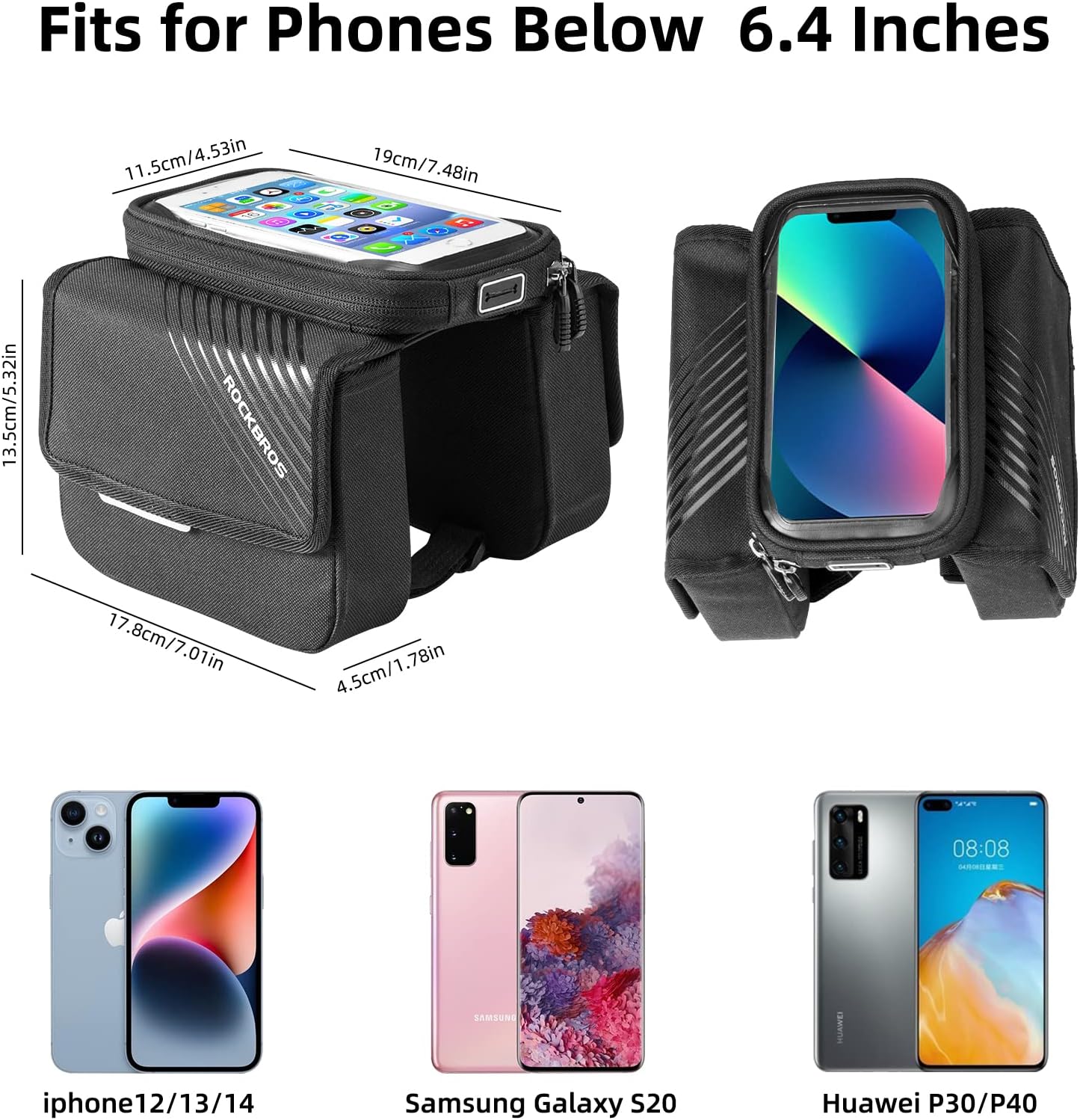 ROCKBROS Bike Frame Bag Waterproof Top Tube Bike Bag Large Storage Touch Screen Bike Cell Phone Holder Suitable for IphoneX,11,12,13,14 Below 6.4"