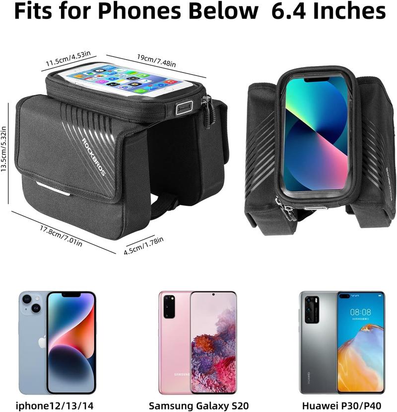 ROCKBROS Bike Frame Bag Waterproof Top Tube Bike Bag Large Storage Touch Screen Bike Cell Phone Holder Suitable for IphoneX,11,12,13,14 Below 6.4"