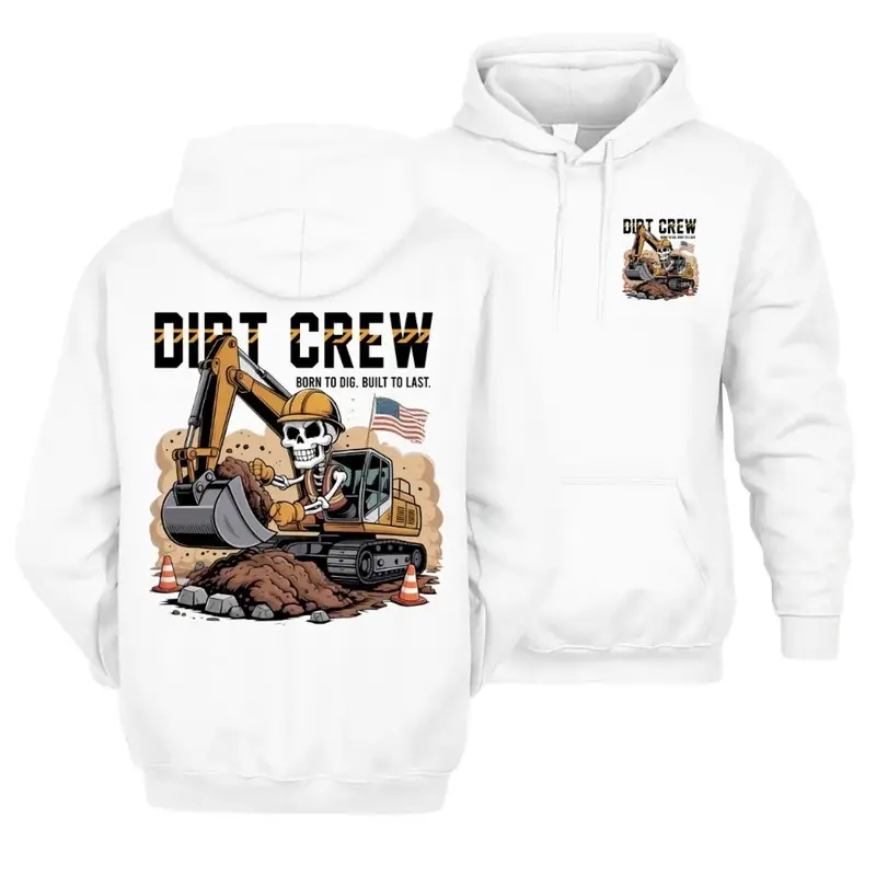 Women's Casual Long Sleeve Classic Scoop Neck Hoodie - Excavator Skeleton Operator Graphic Print, Medium Cut Heavy Equipment Construction Workwear Pullover, Built-To-Last Gift For Dirt Crew Laborers, Unisex Tops