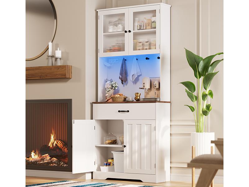 Gizoon 71" H Storage Cabinet with LED Lights, Modern Kitchen Pantry Cabinet with Doors and Drawers, White Hutch with Power Strip and Round Hooks, for Coffee Bar, Dining Room, Tabletop-Retro lead rgb light Controllable LED Tall Fabric Storage Dresser Tower Gizoon 71" H Storage Cabinet with LED Lights, Modern Kitchen Pantry Cabinet with Doors and Drawers, White Hutch with Power Strip and Round Hooks, for Coffee Bar, Dining Room, Tabletop-Retro lead rgb light Controllable LED Tall Fabric Storage Dresser Tower