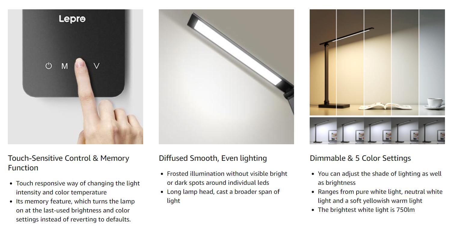 LEPRO LED Desk Lamp for Home Office 9.5W 750LM Metal Touch Control 5 Color Modes 5 Brightness Levels Eye Caring Task Lamp for Reading Sewing Crafts School Supplies Puzzle Light Black Energy Saving No Heat Up