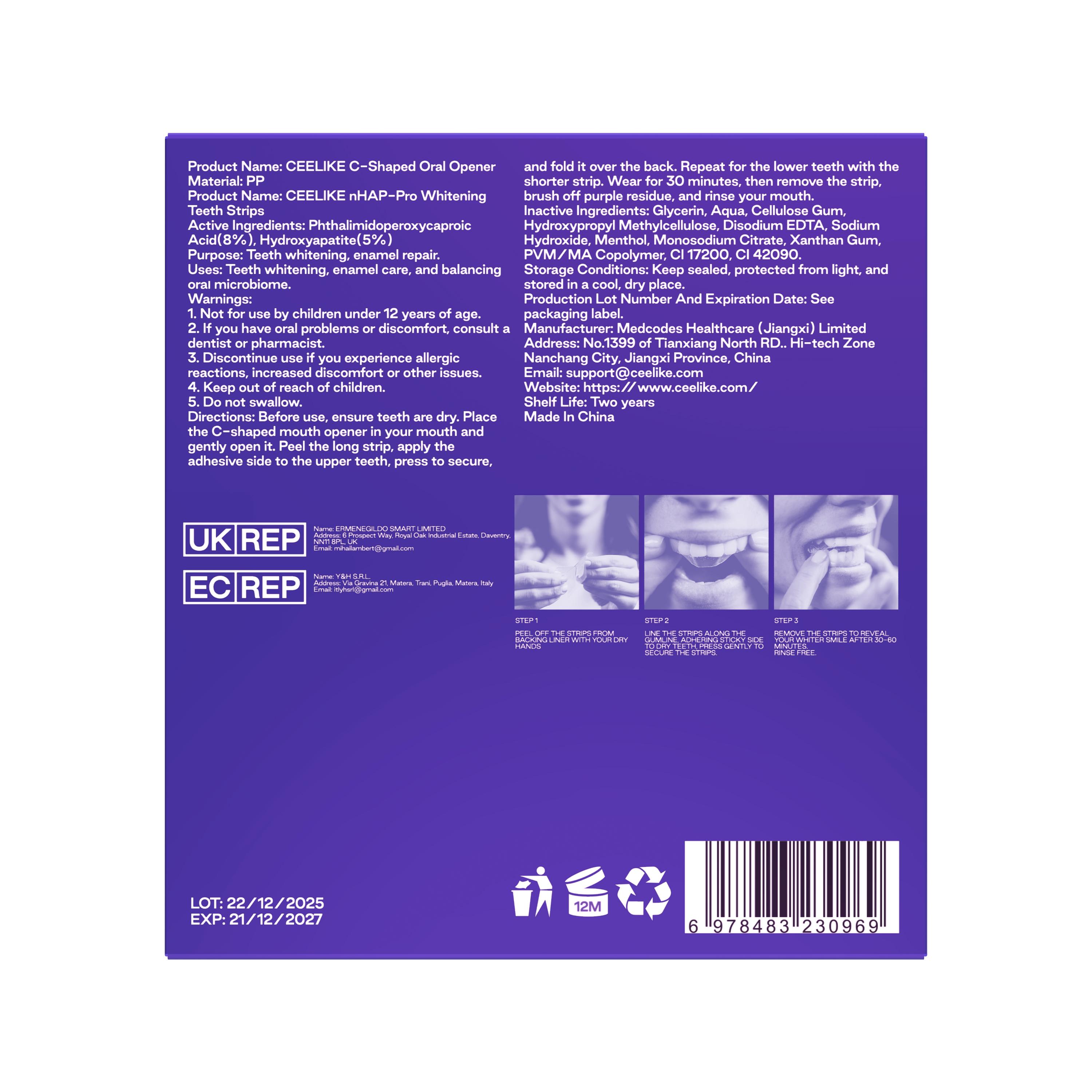 CEELIKE  Purple Teeth Whitening Strips  With Free Cheek Retractor - 7/21 Whitening Sessions -Nano-Hydroxyapatite Safe for Enamel - Non Sensitive Teeth Whitening - Peroxide-Free