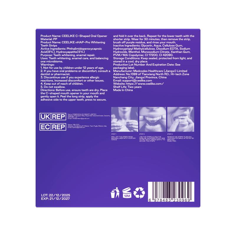 CEELIKE  Purple Teeth Whitening Strips  With Free Cheek Retractor - 7/21 Whitening Sessions -Nano-Hydroxyapatite Safe for Enamel - Non Sensitive Teeth Whitening - Peroxide-Free