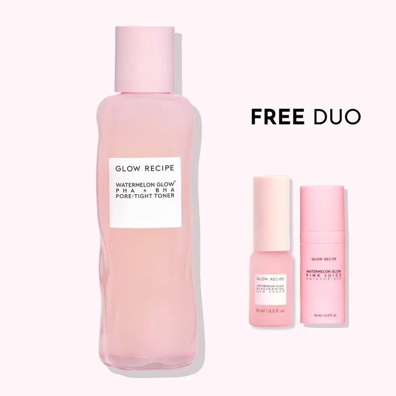 Glow Recipe Glass Skin Toner Bundle - Watermelon Glow PHA + BHA Pore-Tight Toner, Niacinamide Dew Drops, Pink Juice Moisturizer, Exfoliating, Hydrating Skincare Bundle