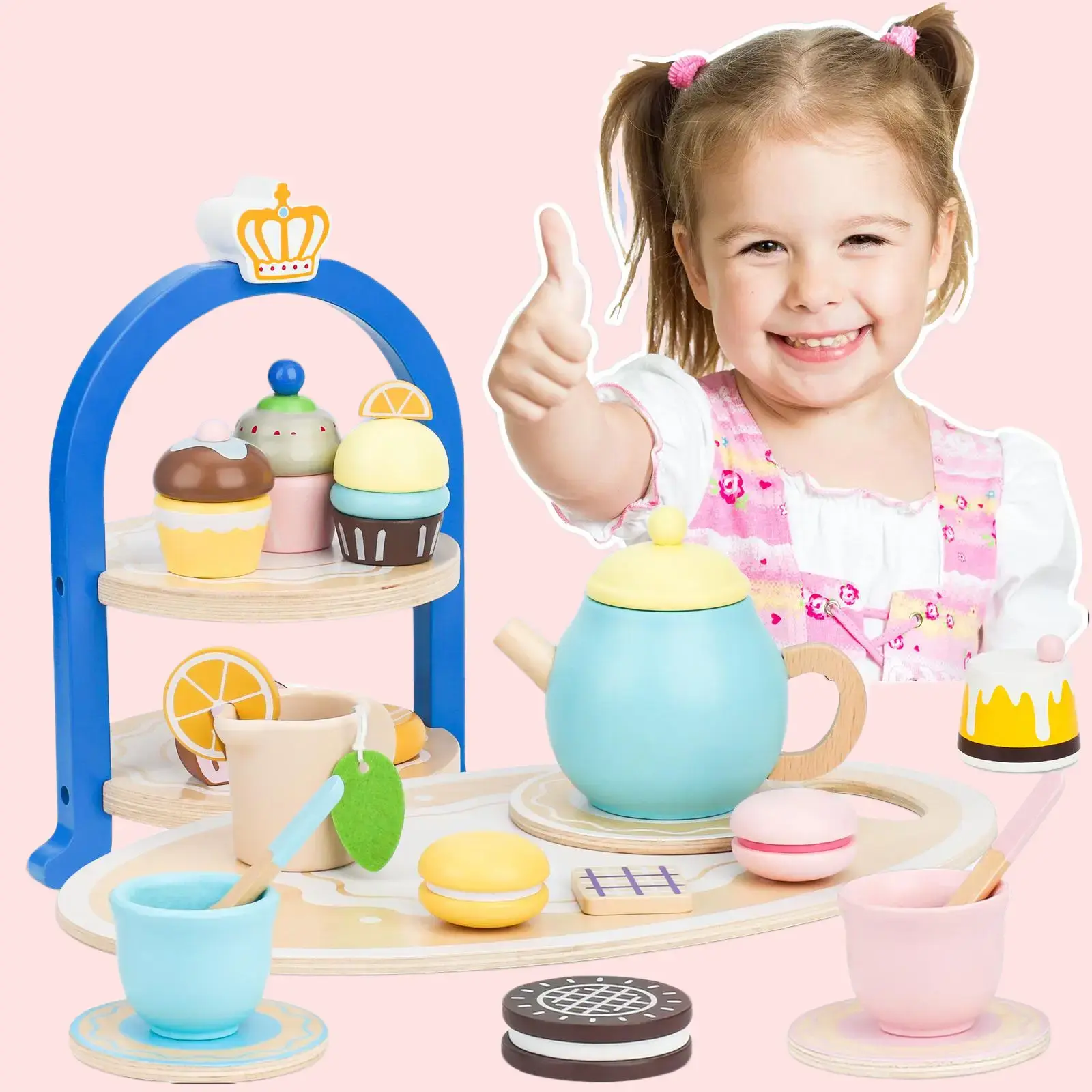 【Toddler NEED】Kids Piano Musical Toys - 5 in 1 Wooden Music Instruments Montessori Toys for Baby Toddler, Sensory Toys with Drum Xylophone, Preschool Educational Toys, Birthday Gifts for Girls Boys Pink TEA SETS