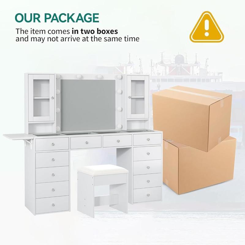 FUSOU [ Valentine's Day ] 55"W Vanity with Power Outlet【Shipping By 2 Packages】Vanity Desk with Mirror and 10 LED Lights, Makeup Vanity with 12 Drawers and 2 Cabinets, Fold-up Panel, Glass Top Vanity Table with Chair for Bedroom
