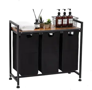 Laundry Hamper, 3 X 36L Laundry Bags & 2 Tier Adjustable Storage Shelf, Pull-Out and Removable Oxford Fabric Laundry Baskets, for Home/Hotel Black