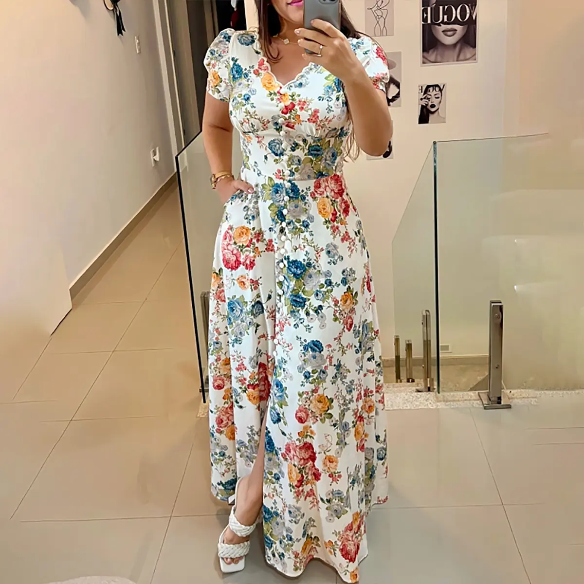 CHICME Women's Button Decor Floral Print Scallop Trim V Neck Puff Sleeve Front Slit Maxi Dress/Summer Dress Casual Cinched Waist Zipper Back Vacation Dress
