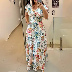 ChicMe Women's Button Decor Floral Print Scallop Trim V Neck Puff Sleeve Front Slit Maxi Dress Casual Cinched Waist Zipper Back Vacation Dress