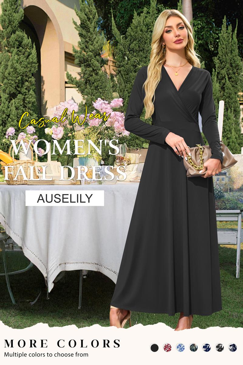 AUSELILY Maxi Dresses for Women, Cross Vneck, Longsleeve Ankle Length Floral Print Flowy Dress with Pockets