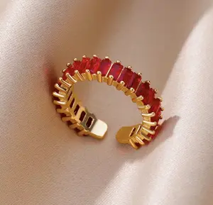 Amee Jewelry Red Zircon Adjustable Stainless Steel Ring - Gold-Tone Female Fashion Statement Ring