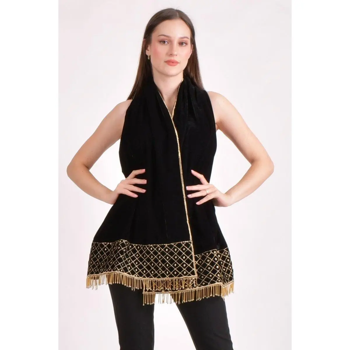 Black Hand Embroidered Velvet Scarf