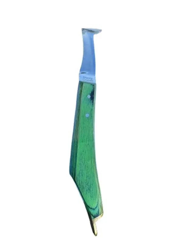 Farrier Hoof Knife Green Handle with Brass Horseshoeing Topper Right Handed