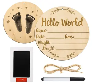Baby Announcement Sign, 5.9 Inch Round Birth Nursery Name Signs with Ink Pad for Baby Hand and Footprints Wooden Hello World Newborn Sign for Photo Prop