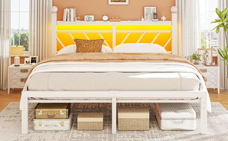 [RaybeeBrandyDay]RaybeeFurniture Twin/Full/Queen Metal Bed Frames ,with LED Lights and Charging Station, Sturdy Bed Frames with Headboard and Footboard, with Storage Shelves and Under Bed Storage, No Box Spring Needed, Noise Free[Black Friday]