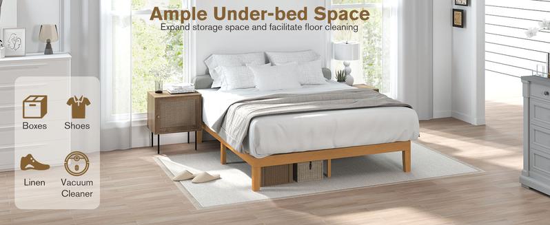 Solid Wood Bed Frame, Bed Base with Wood Slat Support, Sturdy & Stylish Design, No Box Spring Needed, Easy Assembly, 12 in Natural Pine