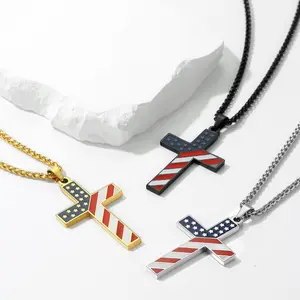 PROSTEEL American Flag Shield Cross Pendant Necklace Stainless Steel USA National Flag Charm Chain Necklaces Jewelry Unisex For Men Women with Gift Box