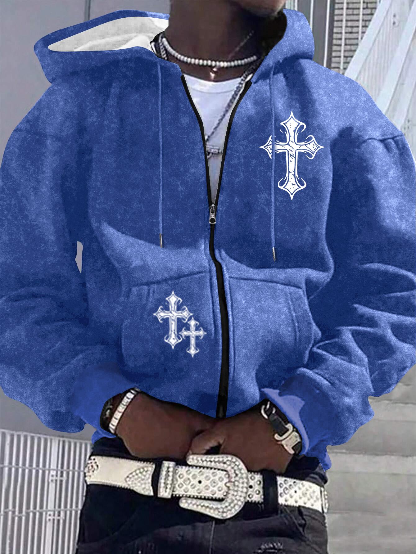 Spring and Autumn New Men's Jacket Cross Printed Pattern Zip Pocket Regular Large Size Travel Holiday Outdoor Camping Men's Top Clothes