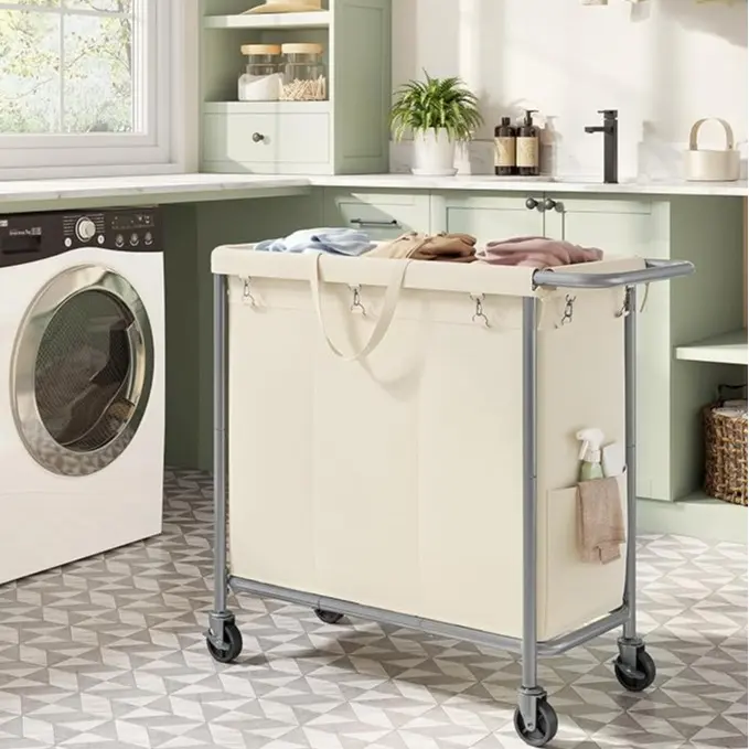 SONGMICS HOME Laundry Basket with Wheels, Rectangular Rolling Laundry Hamper, Removable Liner, Steel Frame with Handle, Storage, Organiser