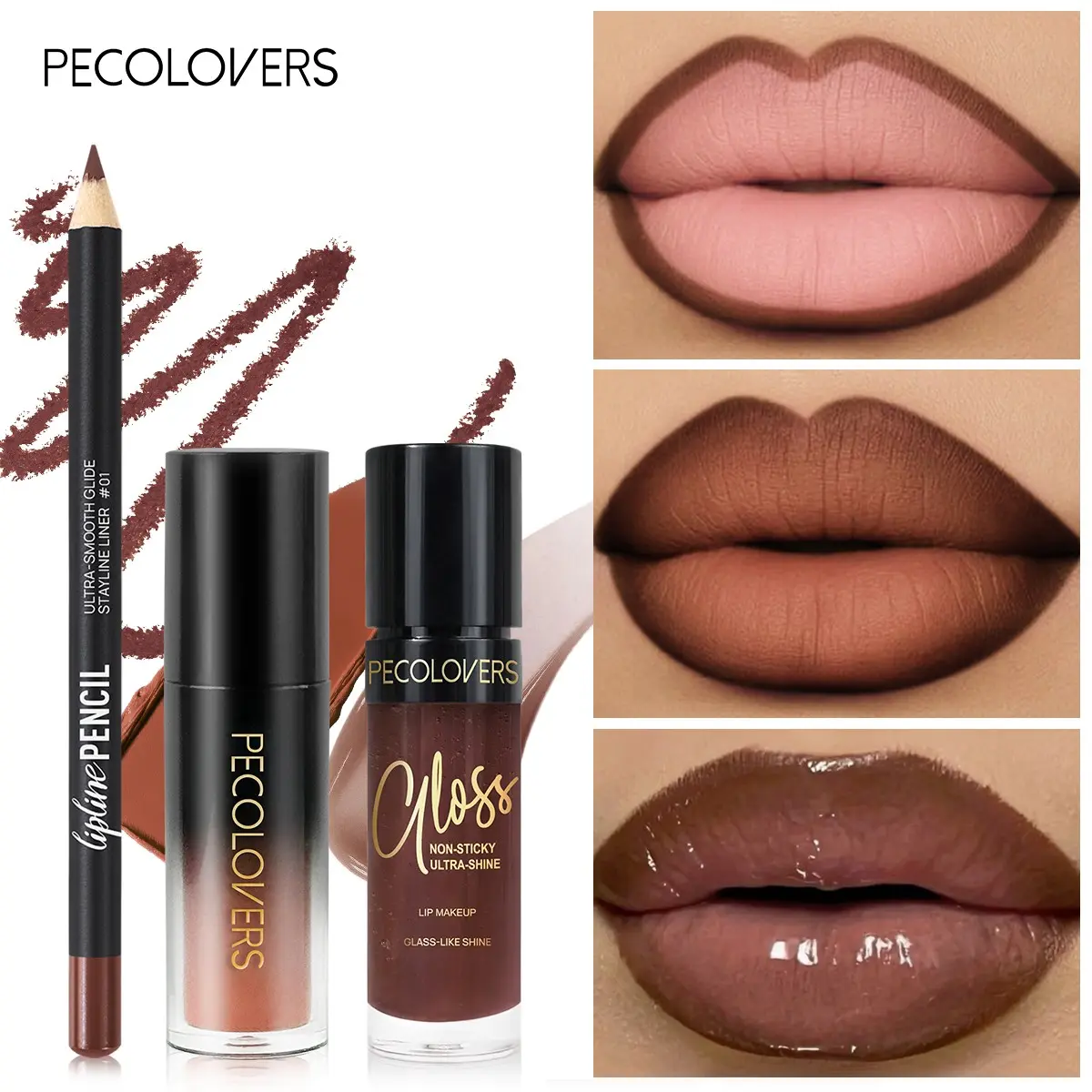 3pcs/set Plumping Hydrating Moisturizing Lip Gloss - Nude & Brown Mirror-Shine Glossy Liquid Lipstick & Lip Liner Makeup Lipstick Set Lipliner Lip Kit Lip Product