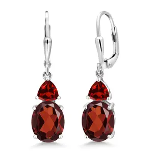 Gem Stone King 925 Sterling Silver Red Garnet Dangle Earrings For Women (6.68 Cttw, Gemstone January Birthstone, Oval 10X8MM, Trillion 5MM)