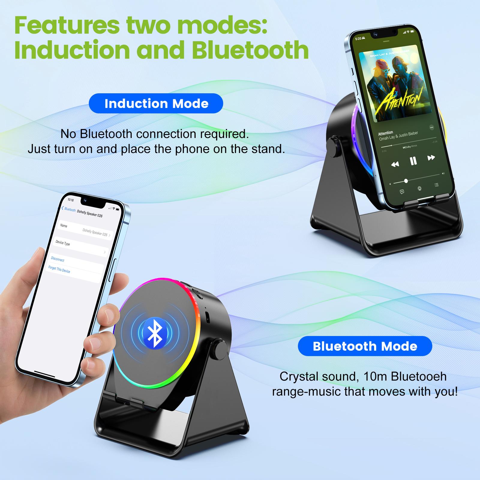 Dohelly 5 IN 1 Wireless Induction Audio Bluetooth Speaker, 360° Rotation Stand with LED, Universal Speaker Stands for Surround Sound&Charger,Portable Desktop Stand Gift  for Home, Shower, Outdoors, Travel.