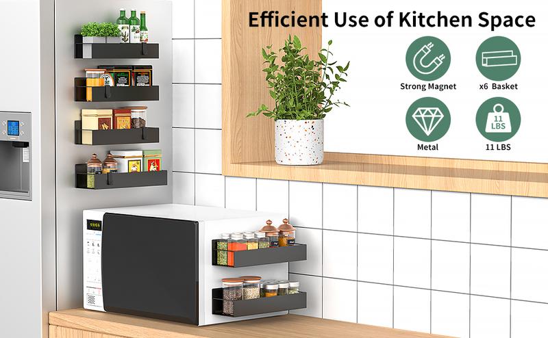 4 Pack Magnetic Spice Rack Organizer with Hooks for Refrigerator and Oven, Black Fridge Organizers and Storage for Kitchen