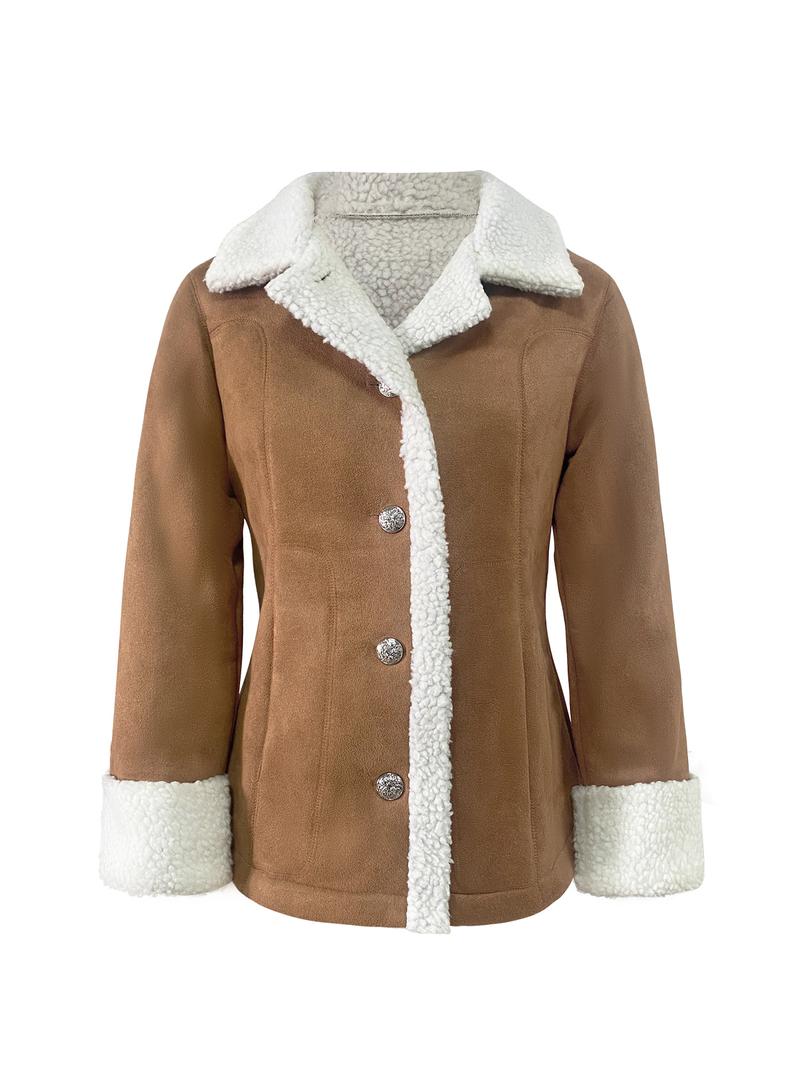 Aswulk Women's western denim retro lambskin patchwork warm suede jacket with pockets