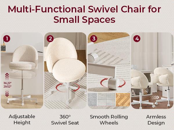 COMHOMA Teddy Velvet Office Chair with Wheels - Versatile Height Adjustment 17.7" to 23.6" - Ergonomic Design with Bow Lumbar Pillow - Compact Armless Vanity Chair for Desk & Bar Stools - Perfect Gift